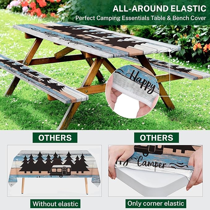 Picnic Table Cover with Bench Covers Elastic Edges, Blue Camper Fitted Table Cover, Outdoor Patio Camping Essentials 72 Inch 3PCS, Waterproof Camping Fitted Tablecloth with Drawstring Bag
