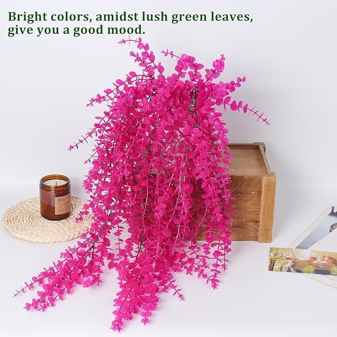 RECUTMS Artificial Plants Fake Hanging Vine Plant Hanging Eucalyptus Vine Artificial Leaves Greenery Plastic Plants for Indoor Bedroom Wall Decoration Outdoor Porch Home Wedding Decor(Pure Fuchsia)