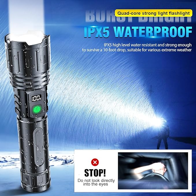 Hoxida Flashlights High Lumens Rechargeable - 2000 Lumens Long Beam Super Bright LED Flash Light with Power Display & IPX5 Waterproof for Camping, 20H Runtime,5 Modes,Zoomable Handheld Flashlight
