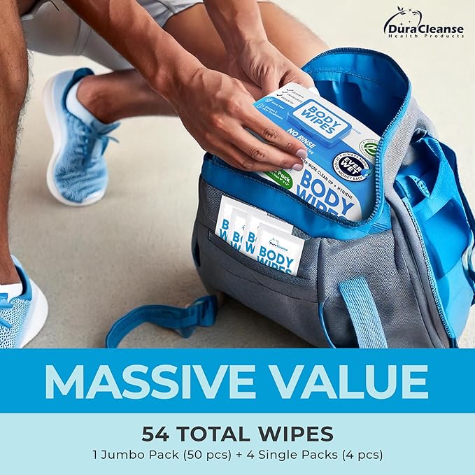 Dura Cleanse Body Wipes for Adults Bathing No Rinse (2 Pack) 100 XL Shower Wipes + 8 Travel Bath Sheets - 9" x 12" Extra Thick Adult Disposable Washcloths for Elderly Incontinence & Camping Essentials