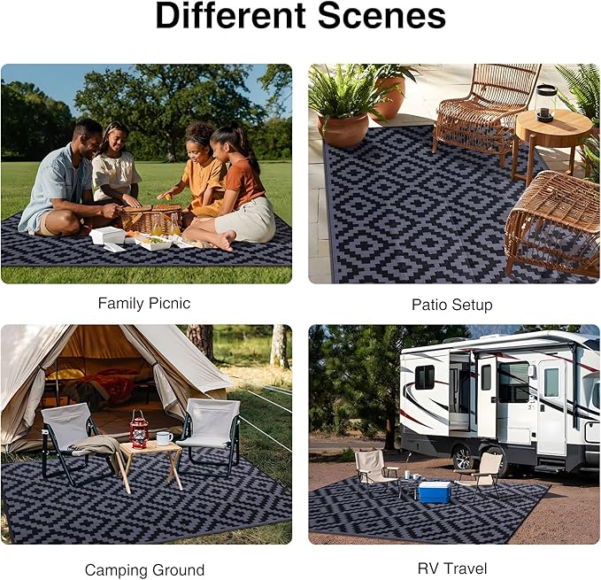 OLANLY Waterproof Outdoor Rug 9x12 ft, Outdoor Plastic Straw Rug for Camping, RV Mat Outside, Indoor Outdoor Carpet for Porch, Deck, Backyard, Balcony, Picnic, Black & Grey