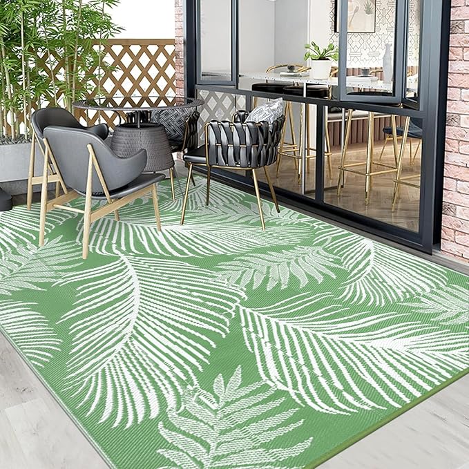 Pauwer Waterproof Outdoor Rug 8x10, Reversible Plastic Straw Patio Camping Rug, Indoor Outdoor RV Mat Carpet for Deck, Camper, Porch, Balcony, Backyard, Picnic, Leaf Green