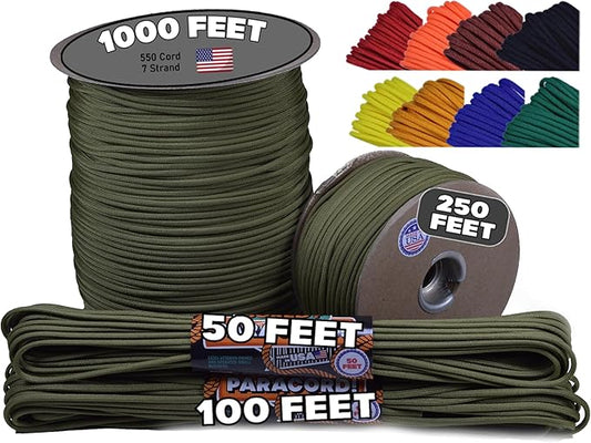 BORED? PARACORD! 550 lb Paracord - Ideal for Crafting, Camping, DIY Projects, Active & Military Outdoors - Strong Survival Rope - Tactical Parachute Cord Type III - Moss 1000 Feet