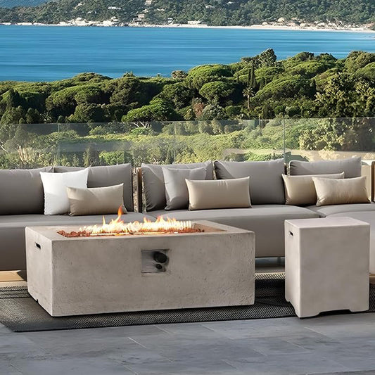 Rectangular Propane Fire Pit,42 Inch Outdoor Fire Pit Table 2-Piece 50,000 BTU,Concrete Firepit with Tank Cover Table w/Lava Rocks Gas Fireplace for Patio & Deck