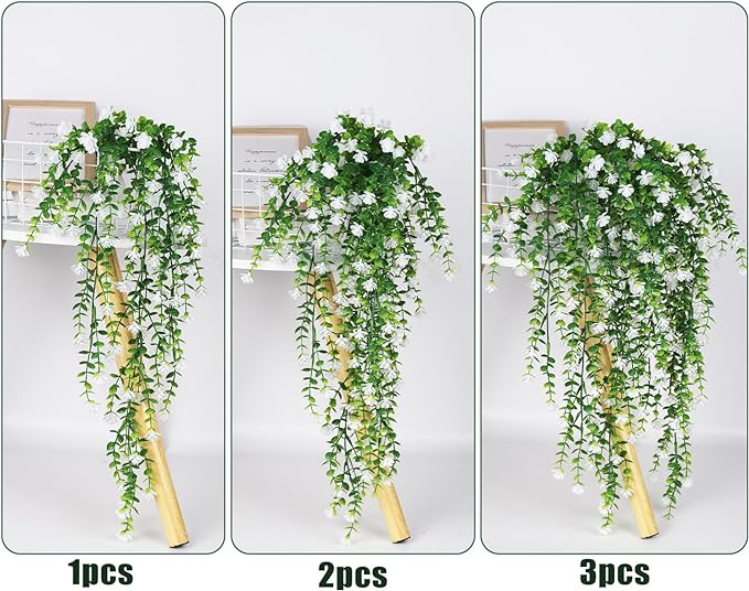 RECUTMS Artificial Hanging Plants Fake Hanging Plant Faux Eucalyptus Leaf Greenery Vine Outdoor UV Resistant Plastic Plants Home Garden Wedding Party Indoor Outdoor Decorations(White)