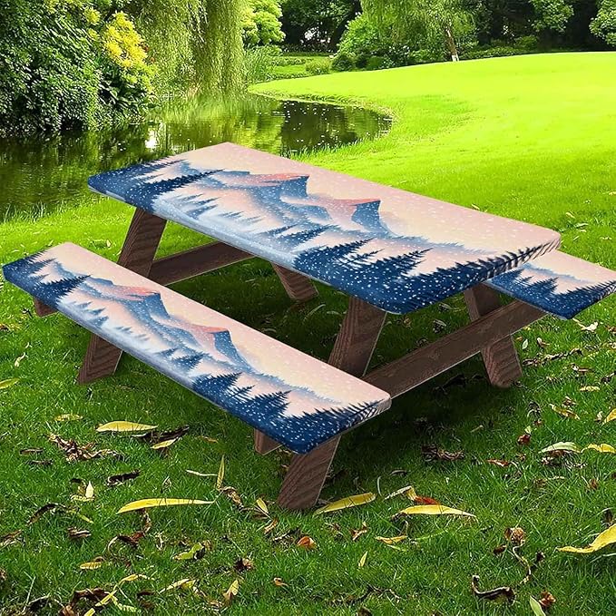 CAPSCEOLL Elastic Picnic Table Cover with Bench Covers 5Ft Waterproof Fitted Picnic Table Cover Cloths for Outdoors Camping Tablecloth with Drawstring Bag, 60X30in, Snow Mountain