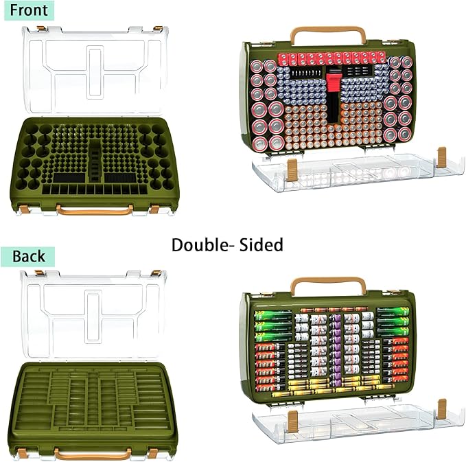 Large Capacity 269 Battery Organizer Storage Case with Tester, Double-Side Battery Holder Container for AA AAA AAAA C D 9V Lithium 3V CR123 CR2032 CR1632 18650 Batteries(Box Only) (Green)