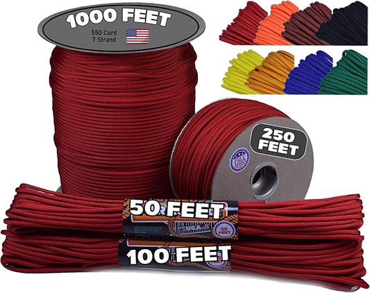 BORED? PARACORD! 550 lb Paracord - Ideal for Crafting, Camping, DIY Projects, Active & Military Outdoors - Strong Survival Rope - Tactical Parachute Cord Type III - Red 100 Feet