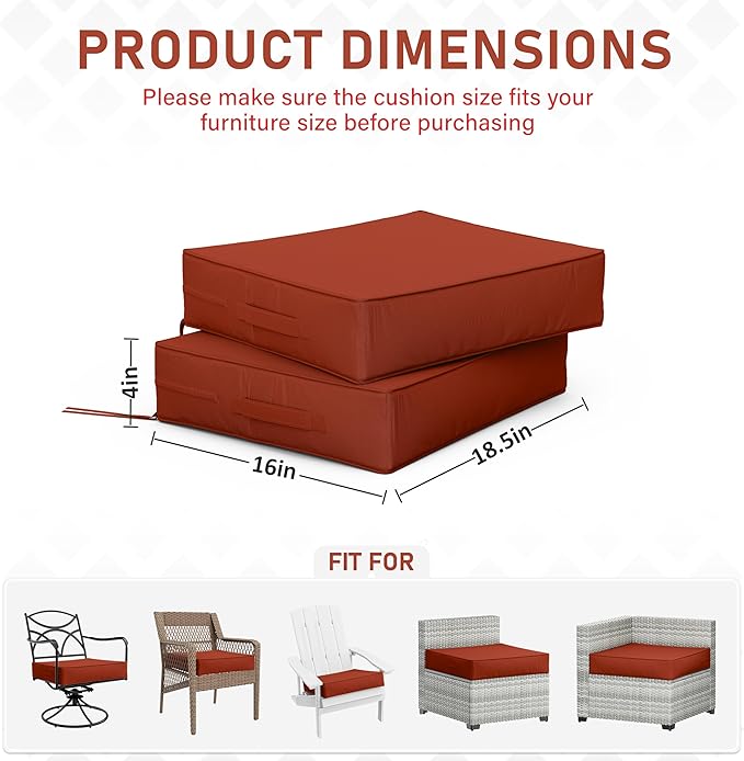 Patio Chair Cushions 18.5 X 16 X 4 Inch Waterproof Outdoor Seat Cushions for Patio Furniture, Outdoor Sofa Couch Pads with Ties & Handle, Set of 2, Terra Red