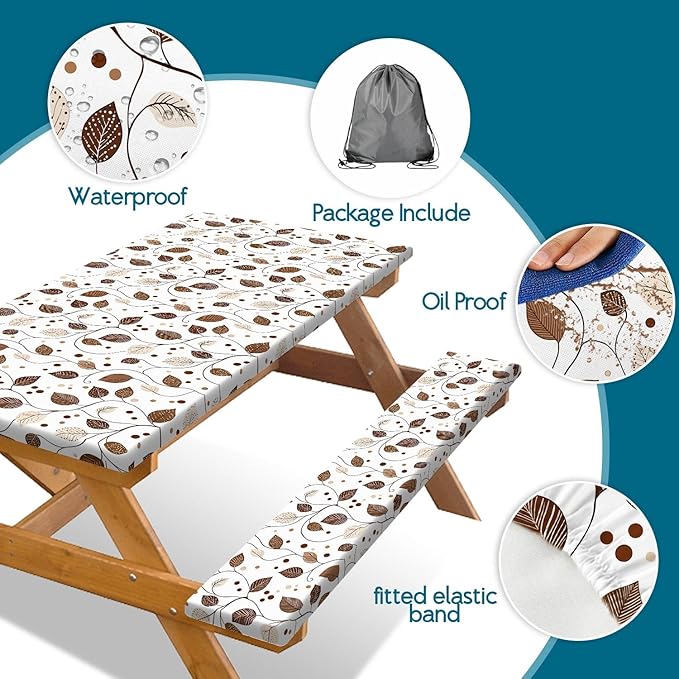 Picnic Table Cover with Bench Covers, Brown Leaf Plaid Leaf Elastic Edges Waterproof Windproof Camping Essentials, Camping Fitted Tablecloth with Drawstring Bag, 72in, Brown