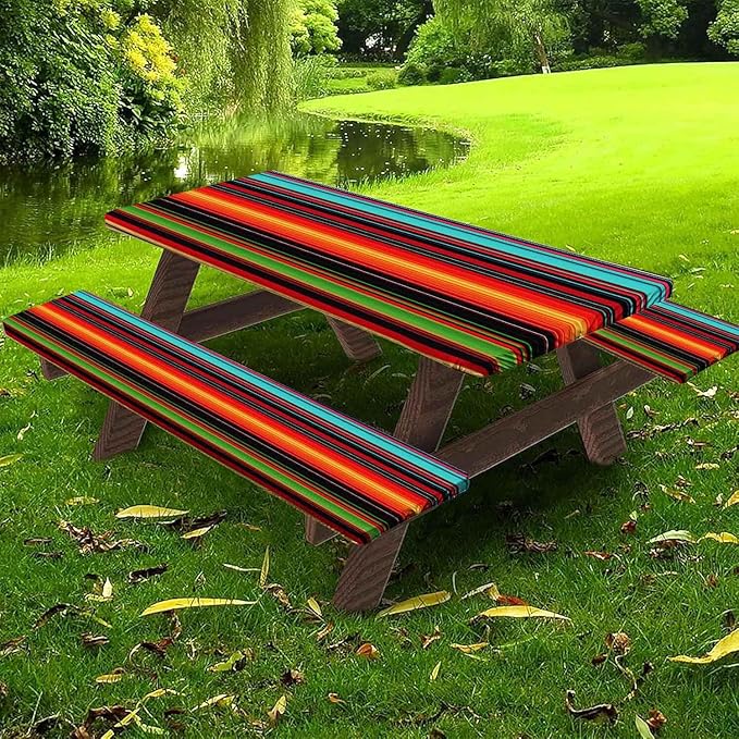 CAPSCEOLL Fitted Picnic Table Cover with Bench Covers with Elastic 8Ft Waterproof Camping Picnic Table Cover Cloths for Outdoors Camping Tablecloth with Drawstring Bag, 96X30in, Colorful Stripes