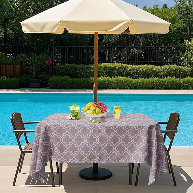 Poise3EHome Outdoor Tablecloth Rectangle with Umbrella Hole Waterproof Spillproof for Patio Table Picnic Camping Spring Summer, Khaki (52X70 Zipper)