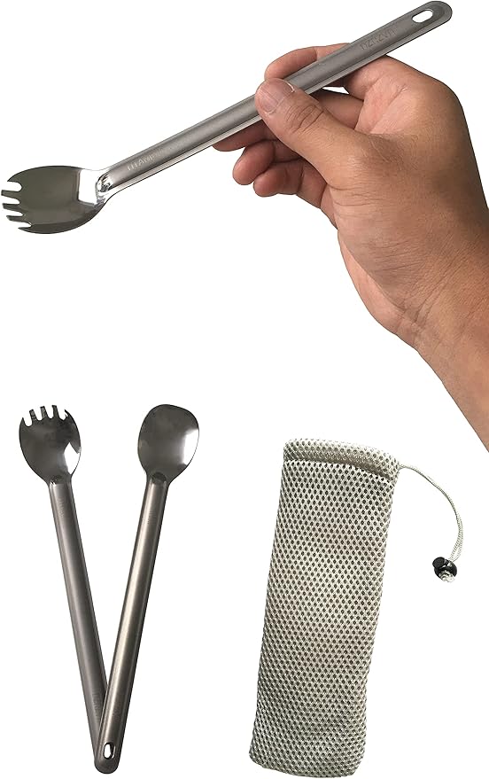 Titanium Long Handle Spork and Spoon, 8.6" Camping Cutlery Set