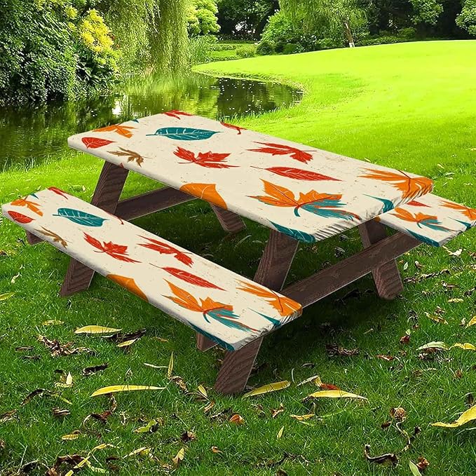 CAPSCEOLL Fitted Picnic Table Cover with Bench Covers with Elastic 6Ft Waterproof Camping Picnic Table Cover Cloths for Outdoors Camping Tablecloth with Drawstring Bag, 72X30in, Maple Leaf