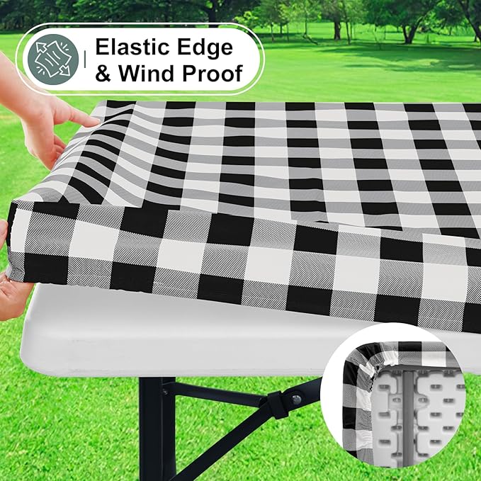 misaya Buffalo Rectangle Picnic Tablecloth, 8 Foot Elastic Fitted Vinyl Table Cloth with Flannel Backing, Waterproof Plaid Table Covers for Dining, Camping, Outdoor (Black and White, 30" x 96")