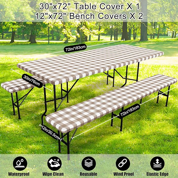 Smiry Picnic Table Cover with Bench Covers, Waterproof Elastic Fitted Tablecloths for 6 Foot Rectangle Tables, Washable Buffalo Plaid Tablecloth for Camping, Outdoor (Khaki & White, 30"x72")