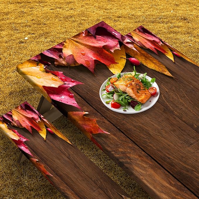 Picnic Table Cover with Bench Covers Elastic Edges, Maple Fall Fitted Table Cover, Outdoor Patio Camping Essentials 72 Inch 3PCS, Waterproof Camping Fitted Tablecloth with Drawstring Bag
