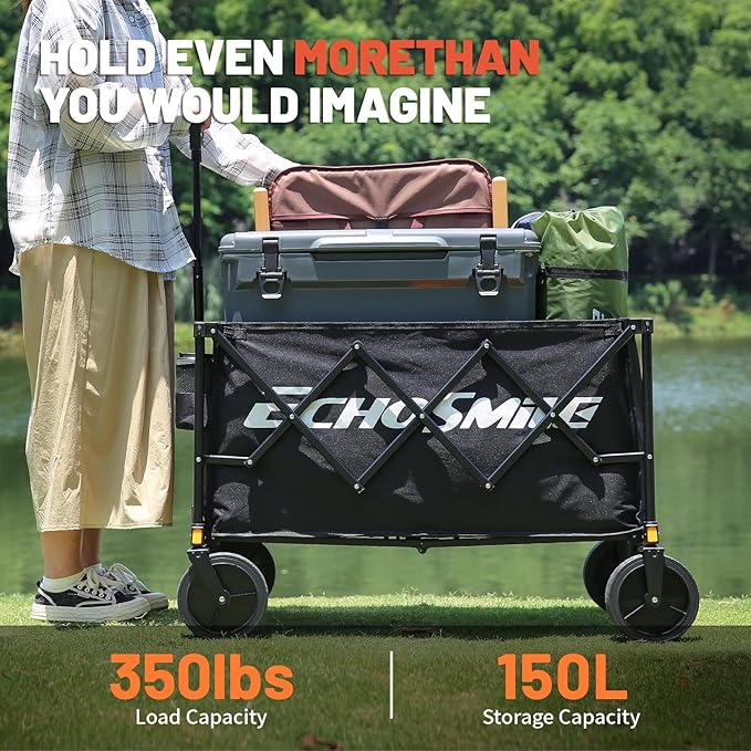 EchoSmile Heavy Duty 350 Lbs Capacity Collapsible Wagon, Outdoor Folding Camping Wagons, Grocery Portable Utility Cart, Adjustable Rolling Carts, All Terrain Sports Wagon with Big Wheels (Dark-Black)
