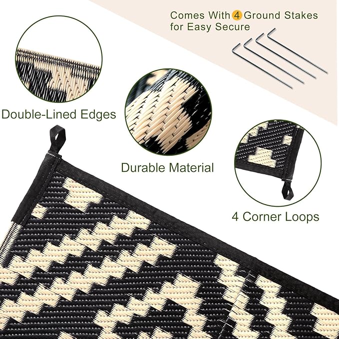 OPPODREAM Outdoor Rug 6x9 Ft, Waterproof Outdoor Plastic Straw Rug for Patio, Reversible Out Door Carpet for Camping, Deck, Rv, 6 x 9 Area Carpet for Balcony, Porch, Backyard, Black and Beige