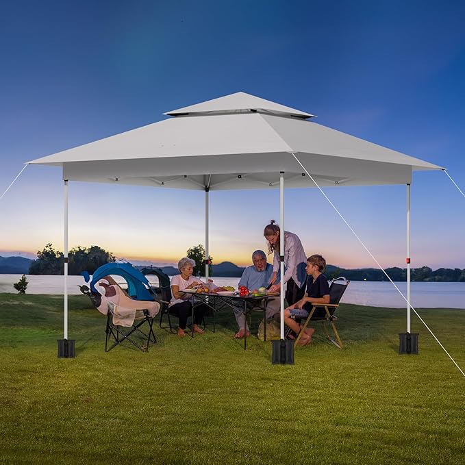TLSUNNY 13X13 Pop Up Canopy Tent, Camping Shader W/Overhanging Eaves & Sand Bag, Outdoor Gazebo Shelter W/One Push Setup & Wheeled Bag, Height Adjustable, for Patio, Market, Party (White, 13FTX13FT)