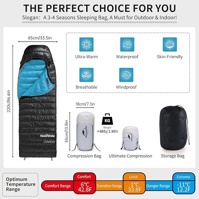 Naturehike Ultralight Down Sleeping Bag, 650FP Backpacking Sleeping Bag for Adults, 42℉ Waterproof Sleeping Bags for Camping, Hiking, Traveling with Compression Sack