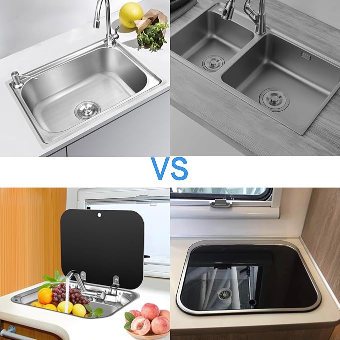 15x17 In Undermount RV Bar Kitchen Sink Workstation with Folding Faucet A and lid, 304 Stainless Steel Single Bowl Hand Wash Basin Drop in Sink Caravan Camper Van Boat Home Mobile Trailer