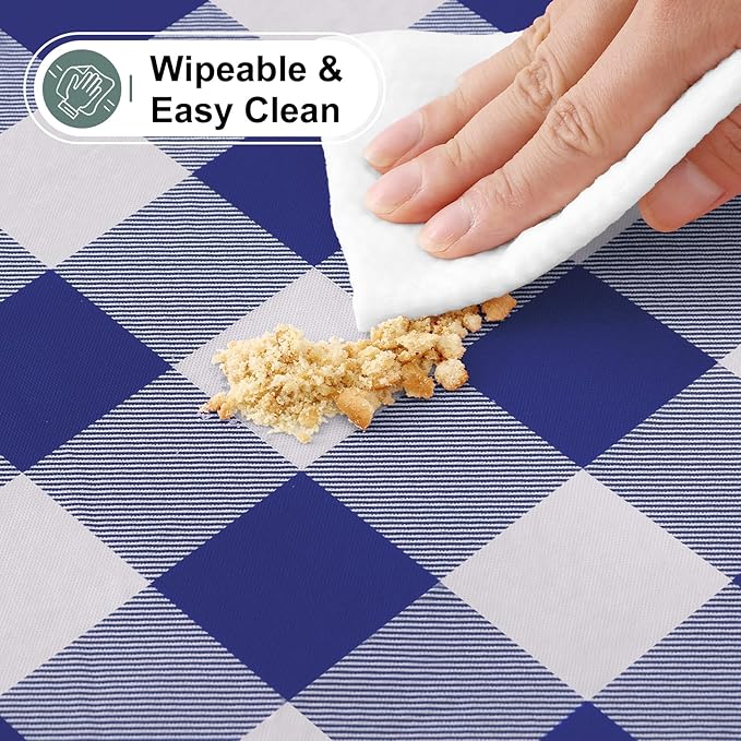 misaya Buffalo Rectangle Picnic Tablecloth, 8 Foot Elastic Fitted Vinyl Table Cloth with Flannel Backing, Waterproof Plaid Table Covers for Dining, Camping, Outdoor (Navy and White, 30" x 96")