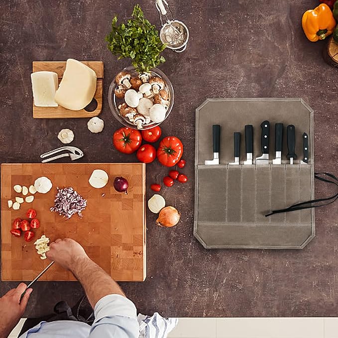 Khaki Chef’s Knife Roll Case, Waxed Canvas Cutlery Knives Holders Protectors, Home Kitchen Cooking Tools And Utensils Wrap Bag Wallet, Multi-Purpose Brush Roll Bag, Travel Tool Roll Pouch
