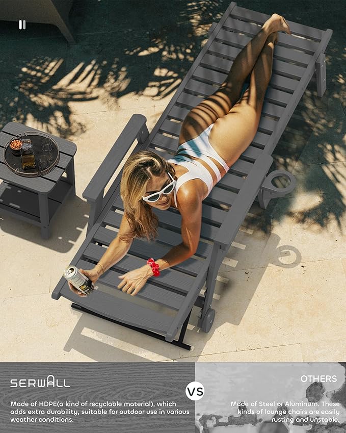 SERWALL Patio Chaise Lounge Chair Set of 2 with 9FT Patio Umbrella, 78'' HDPE Outdoor Lounger 5 Positions Adjustable, Poly Lounge Chair with Rolling Wheels & Cup Holder for Pool,Slate Gray