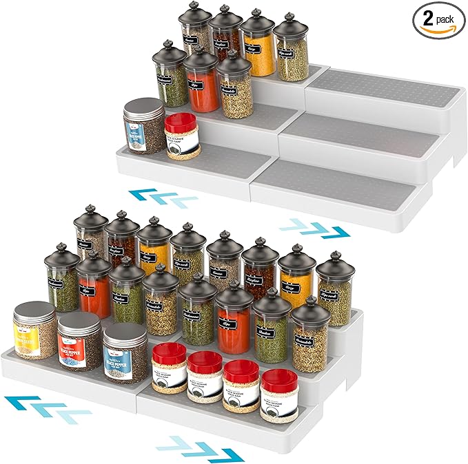 YAN & HIN Pack of 2, 3-Tier Spice Racks, Expandable and Non-Skid, Ideal as Medicine Cabinet Organizers, Kitchen Shelf Pantry Organizer, and Seasoning Organizer, Canned Food Organizer