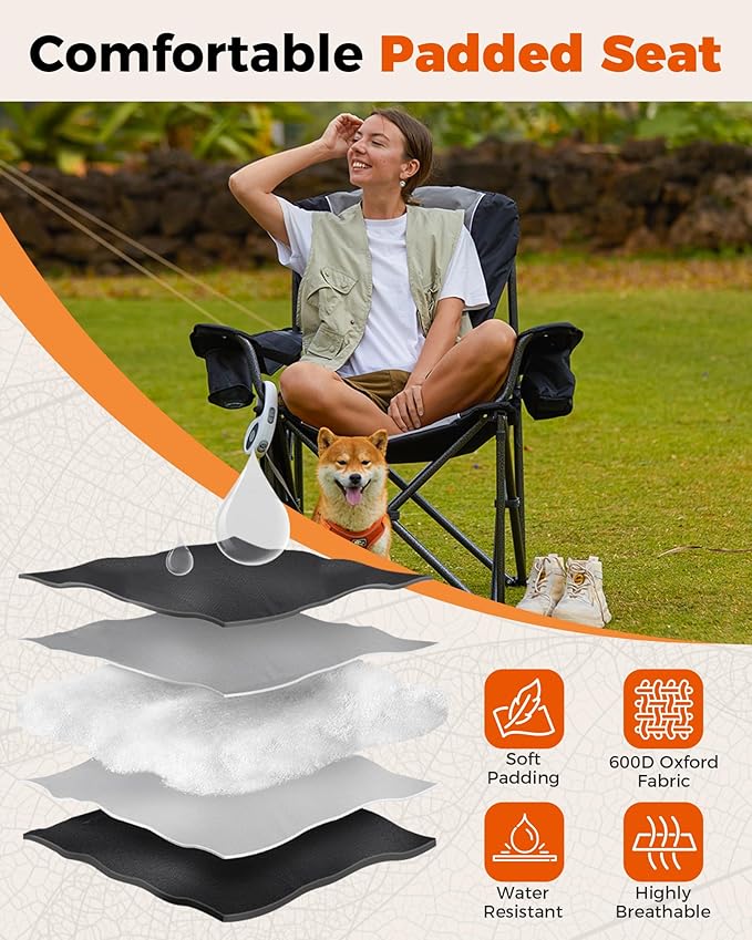 KingCamp Oversized Camping Folding Chair, Heavy Duty 450 LBS with Lumbar Support, Padded seat with Cup Holder&Cooler Bag, Ideal for Camp, Fishing, Sports Event, Backyard, Patio, Lawn (Black/Grey)