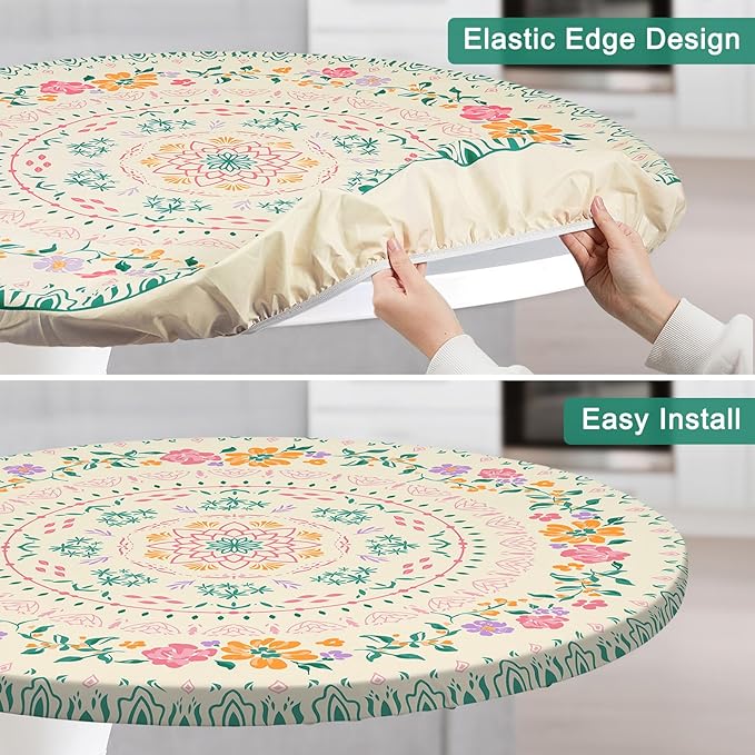 Round Tablecloth Fitted Elastic Table Cover Waterproof Table Cloth for Dinner, Party, Picnic,Camping, Round Table Cover for Indoor Outdoor
