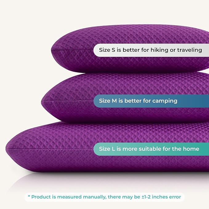 Travel Pillow Memory Foam Pillows, Camping Pillow-Compressible Medium Firm, Breathable Cover, Ideal Backpacking Hiking, Bed Pillows, Airplane and Car (Purple, M)
