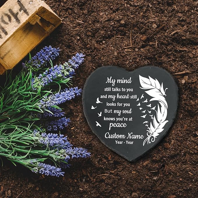 Slate Memorial Garden Stone Personalized, Stepping Stones Memorial Gifts for Loss of Loved One, in Loving Memory, Sympathy Stone, Memorial Plaque, My Mind Still Talks to You TNP42 (2, Heart)