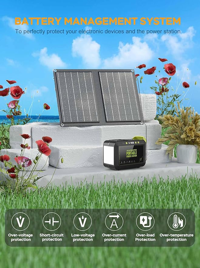 MARBERO Camping Solar Generator 88Wh Portable Power Station 120W Peak Generator with Solar Panel Included 21W, AC, DC, USB QC3.0, LED Flashlight for Outdoor Home Camping Fishing Emergency Backup