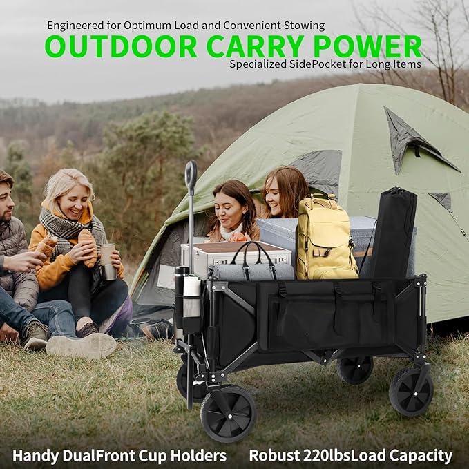 Collapsible Folding Wagon,Utility Beach Wagon Cart Heavy Duty Foldable with All-Terrain Wheels,Large Capacity Foldable Grocery Wagon for Garden Sports Outdoor Camping（Black）