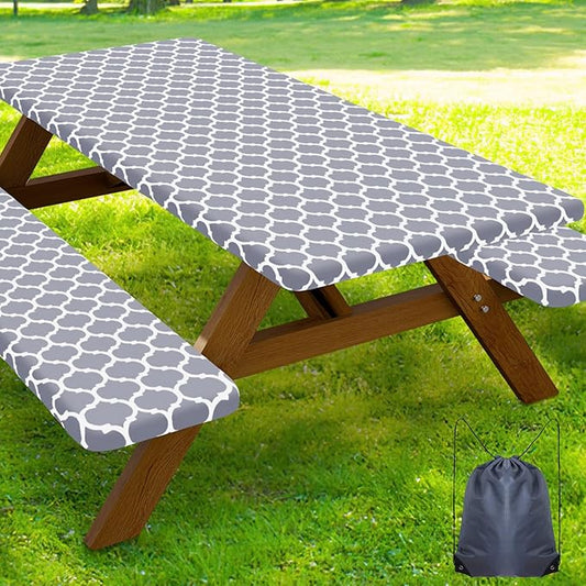 Smiry Picnic Table Cover with Bench Covers, Waterproof Elastic Fitted Tablecloth for 8 Foot Tables, Washable Polyester Tablecloths for Camping, Indoor & Outdoor (Grey Morocco, 30x96 Inch 3-pc Set)