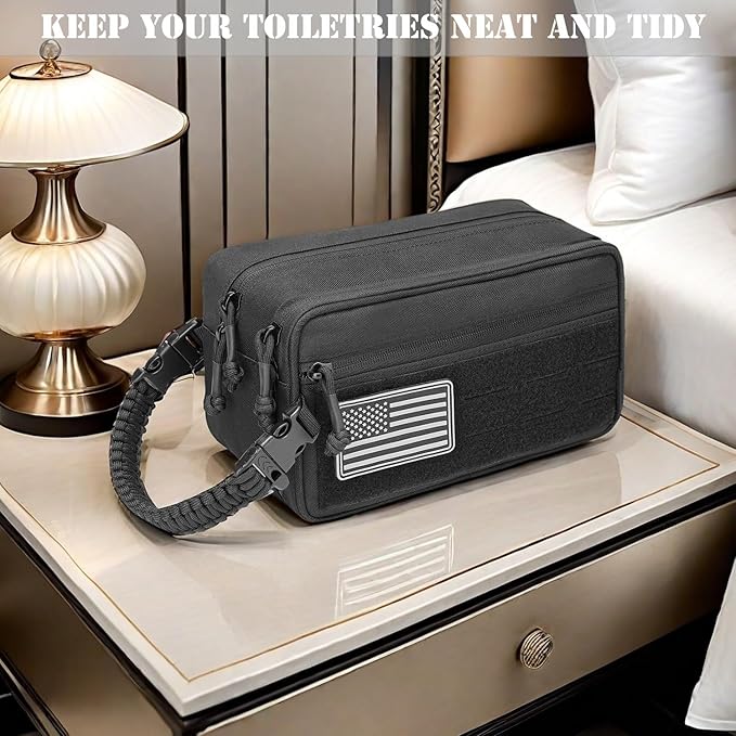 Tactical Toiletry Bag for Men Dry Wet Separate Dopp Kit Travel Hygiene Bag EDC Utility Tool Molle Pouch Mens Shaving Kit Travel shower Bags (Black)