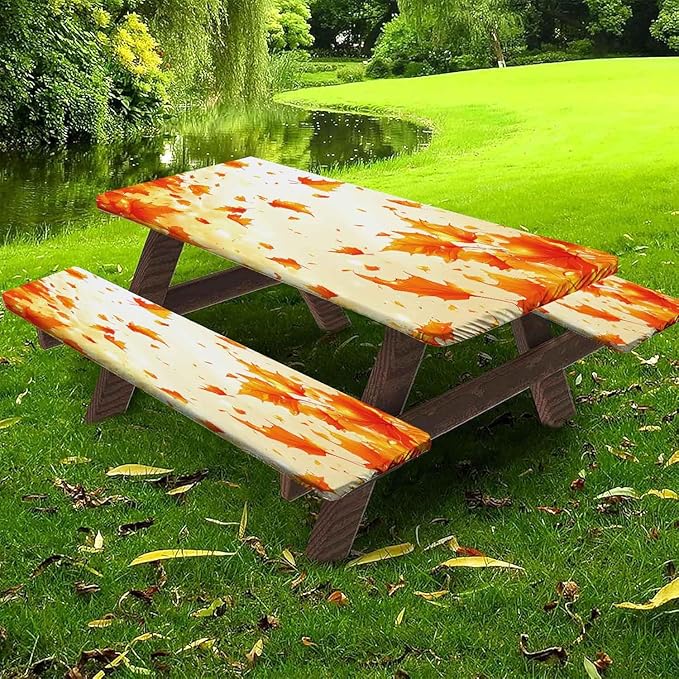 CAPSCEOLL Fitted Picnic Table Cover with Bench Covers with Elastic 8Ft Waterproof Camping Picnic Table Cover Cloths for Outdoors Camping Tablecloth with Drawstring Bag, 96X30in, Fall Maple