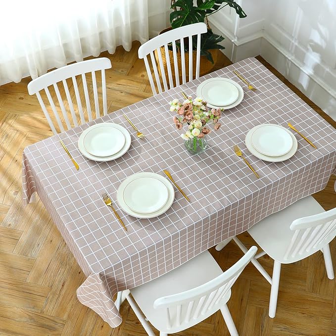 Romanstile Rectangle Plastic Tablecloth, 100% Waterproof Oil-Proof Checkered PVC Table Cloths, Heavy Duty Vinyl Table Covers for Dining, Camping, Picnic, Outdoor - 54 x 108 Inch, Sand