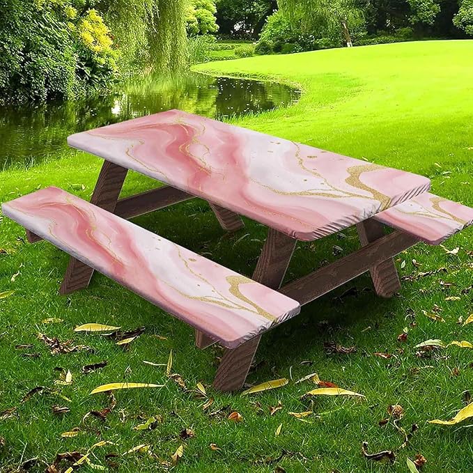 CAPSCEOLL Elastic Picnic Table Cover with Bench Covers 5Ft Waterproof Fitted Picnic Table Cover Cloths for Outdoors Camping Tablecloth with Drawstring Bag, 60X30in, Pink Marble