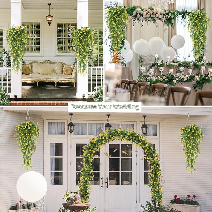 RECUTMS Outdoor Fake Hanging Plants,Hanging Plant Vine,Faux Eucalyptus Leafs Greenery Vine Plant Faux Plants Fake Plants Greenery for Jungle Theme Party Wedding Decoration(Yellow)