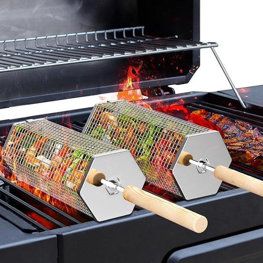 Rolling Grill Baskets (2PCS, Hexagon), Removable Wooden Handle, 304 Stainless Steel, Nesting Grilling Net, BBQ Accessories Tools for Vegetables Shrimp, Outdoor Cooking Camping, Birthday Gifts for Men Dad Husband