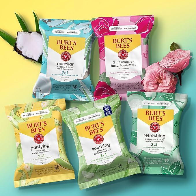 Burt's Bees Back To School Dorm Essentials, Aloe Vera Face Wipes, for Sensitive Skin, Soothing Makeup Remover & Facial Cleansing Towelettes, 30 Ct. (3-Pack)