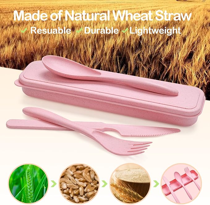 Reusable Travel Utensils Set with Case, 6 Sets Wheat Straw Portable Knife Fork Spoons Cutlery, Eco-Friendly BPA Free Plastic Tableware for Kids Adults Travel Picnic Camping Utensils