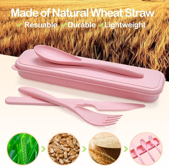 Reusable Travel Utensils Set with Case, 12 Sets Wheat Straw Portable Knife Fork Spoons Cutlery, Eco-Friendly BPA Free Plastic Tableware for Kids Adults Travel Picnic Camping Utensils