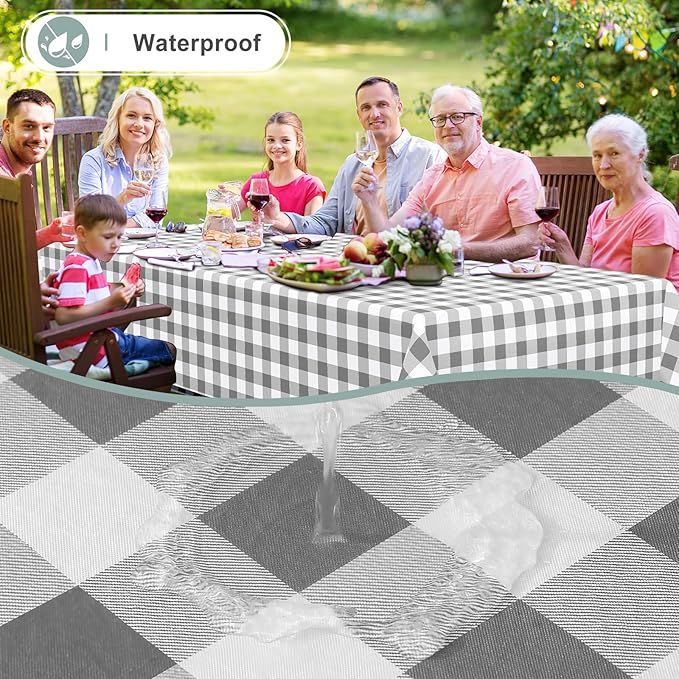 misaya Rectangle Waterproof Vinyl Table Cloth, Buffalo Flannel Backed Tablecloth, Wipeable Plastic Table Cover for Dinner, Kitchen, Outdoor (60" x 102", Grey and White)