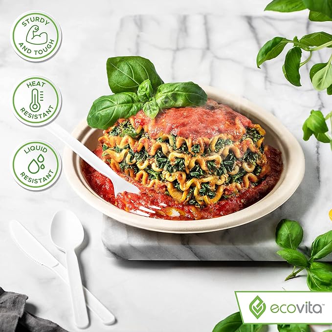 100% Compostable Spoons - 500 Large Disposable Utensils (6.5 in.) Bulk Size Eco Friendly Durable and Heat Resistant Alternative to Plastic Spoons with Convenient Tray
