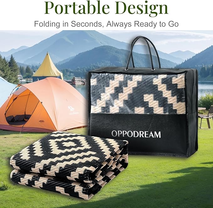 OPPODREAM Outdoor Rug 5x8 Ft, Waterproof Outdoor Plastic Straw Rug for Patio, Reversible Out Door Carpet for Camping, Deck, Rv, 5 x 8 Area Carpet for Balcony, Porch, Backyard, Black and Beige