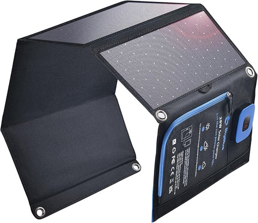 BigBlue Portable Solar Charger 28W with Digital Ammeter,25.4% High-Efficiency, USB-A/USB-C Ports, Folding Waterproof Solar Panels with Carabiners for Camping, Backpacking, Phones, Tablets, Power Bank